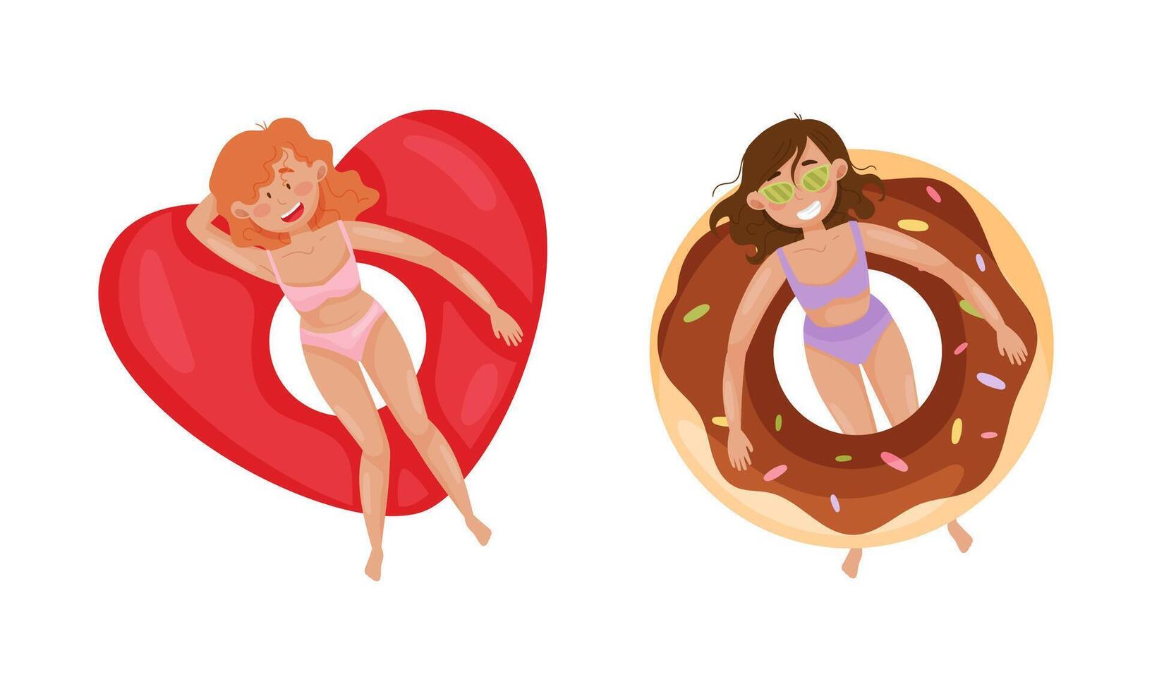 People floating on air mattresses in swimming pool set. Top view of women relaxing and sunbathing on inflatable heart and donut cartoon illustration vector