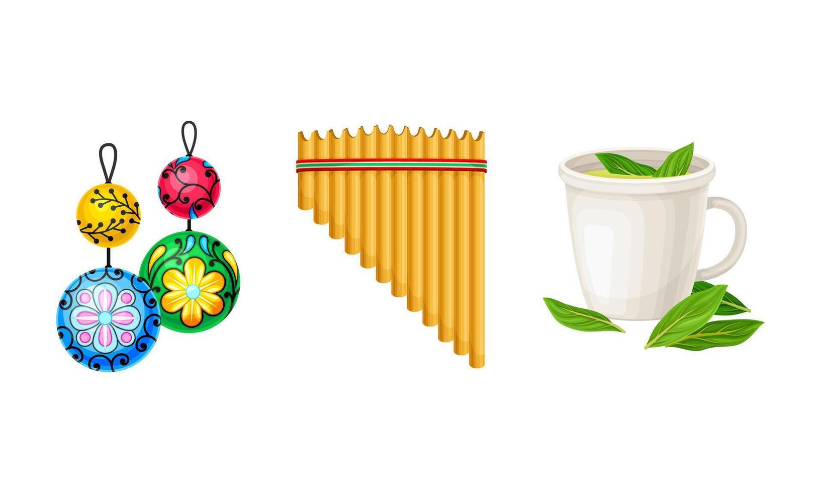 Peru country related symbols set. Panpipe, tea with mate de coca leaves and cartoon illustration vector