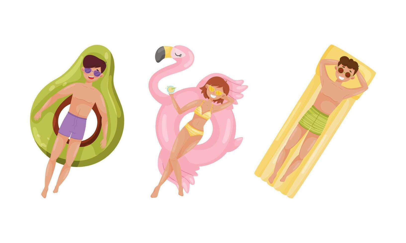 People floating on air mattresses in swimming pool set. Top view of relaxed people sunbathing on inflatable avocado and flamingo cartoon illustration vector