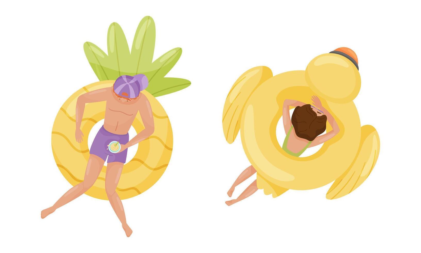 People floating on air mattresses in swimming pool set. Top view of relaxed woman and man sunbathing on inflatable rings cartoon illustration vector