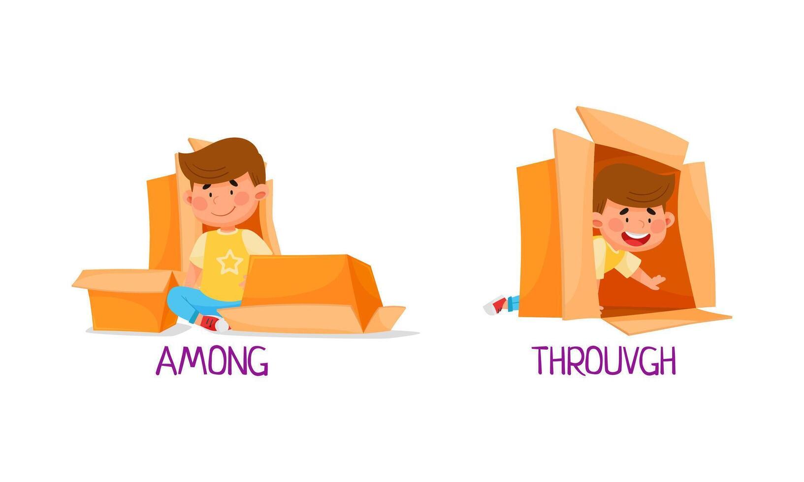 Preposition of place with boy standing among and through the box cartoon illustration vector