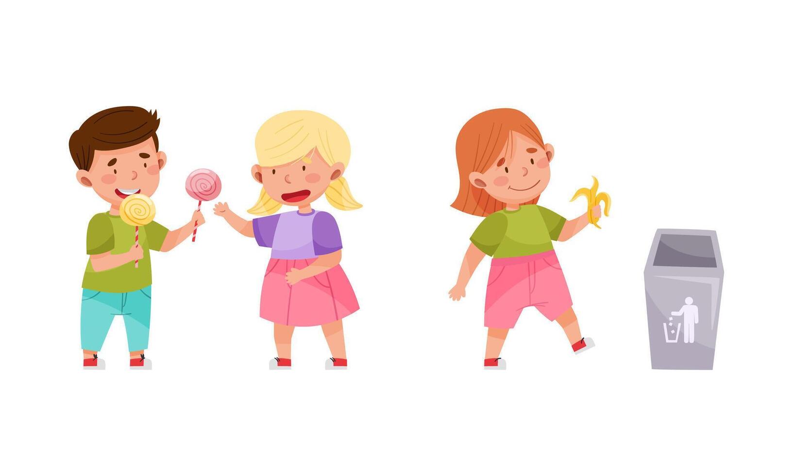 Cute kids with good manners set. Adorable boys and girl sharing sweets and throwing garbage cartoon illustration vector