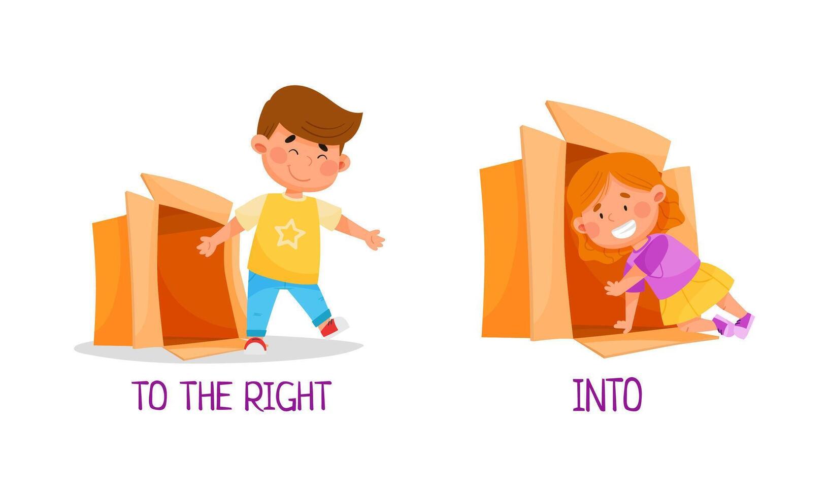 Preposition of place with boy standing to the right and into box cartoon illustration vector