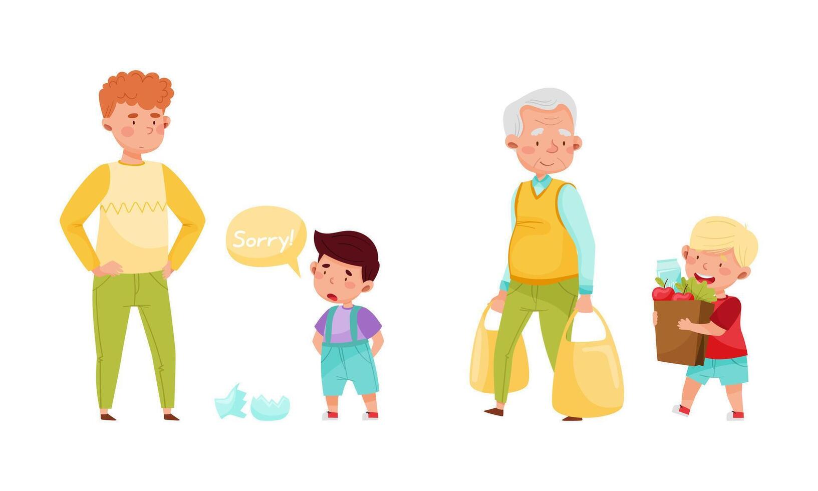 Cute kids with good manners set. Adorable boys helping to adults and apologising cartoon illustration vector