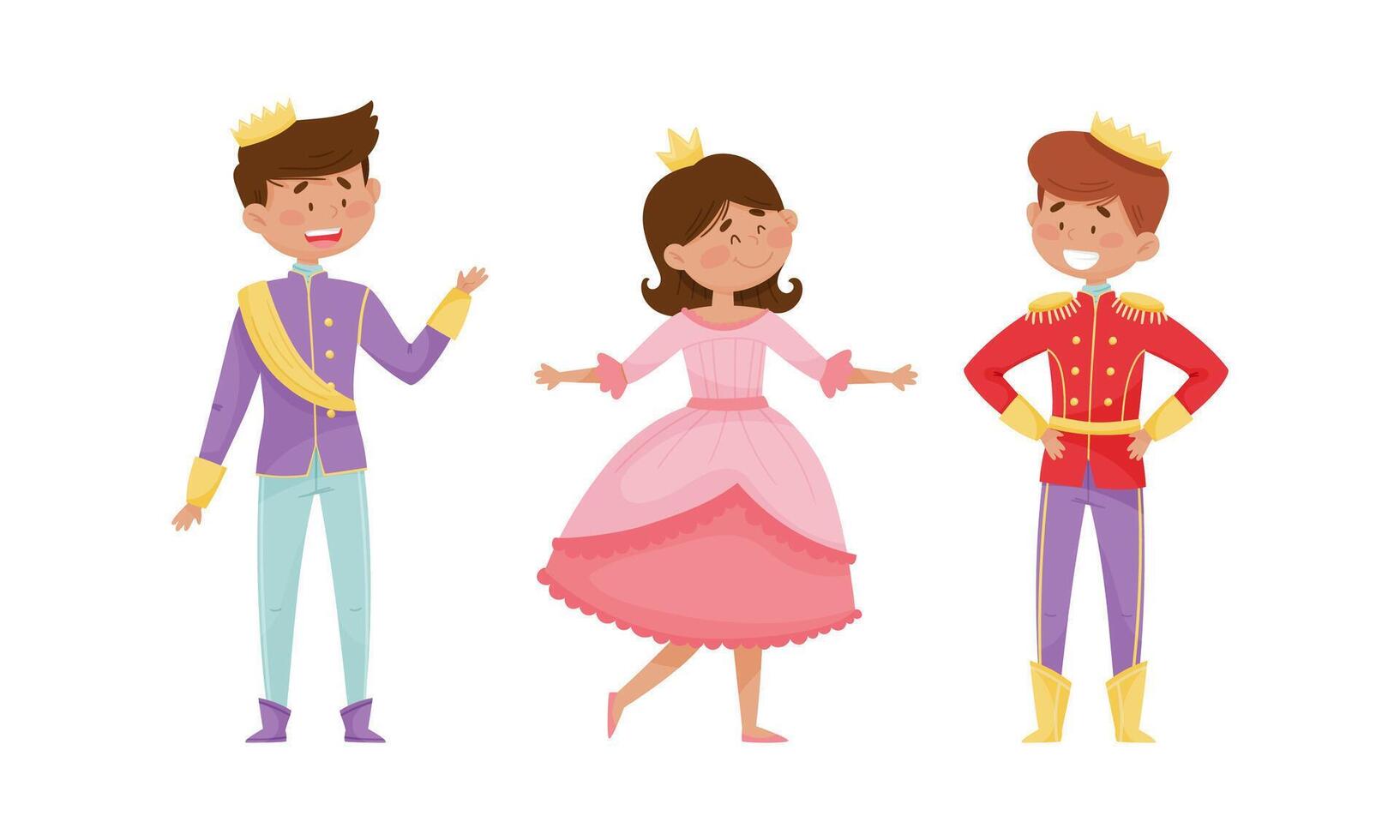 ute little prince and princess set. Little boy and girl dressed carnival costumes cartoon illustration vector