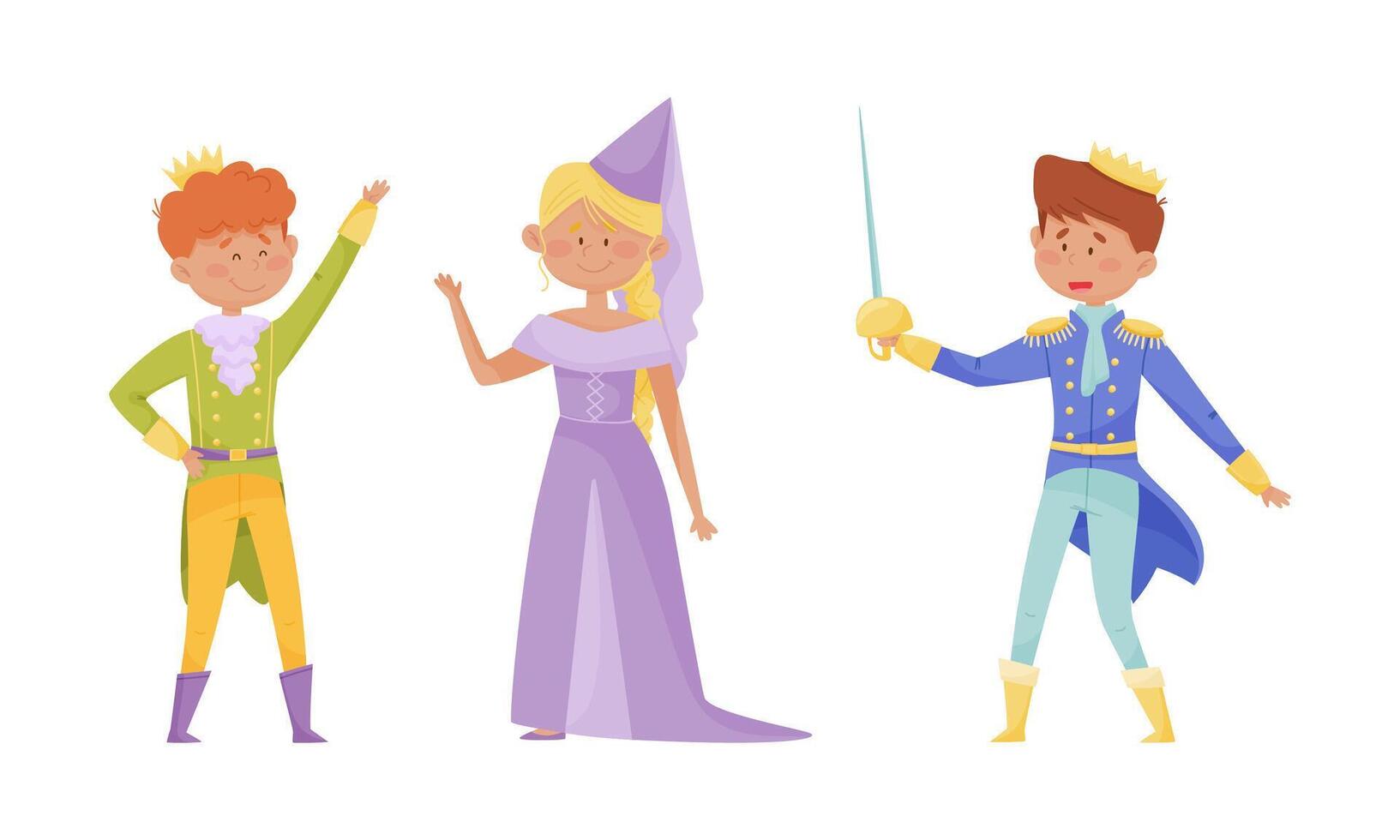 ute little prince and princess set. Little boy and girl dressed as king and queen cartoon illustration vector