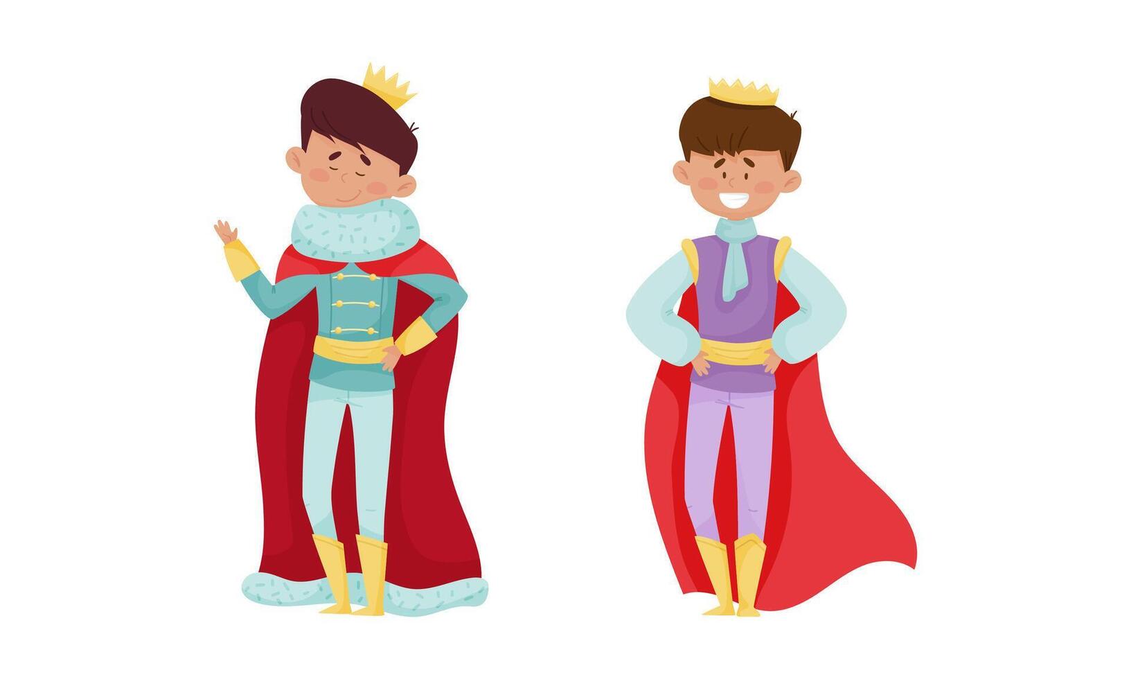 ute little prince and king set. Happy boys dressed carnival costumes cartoon illustration vector