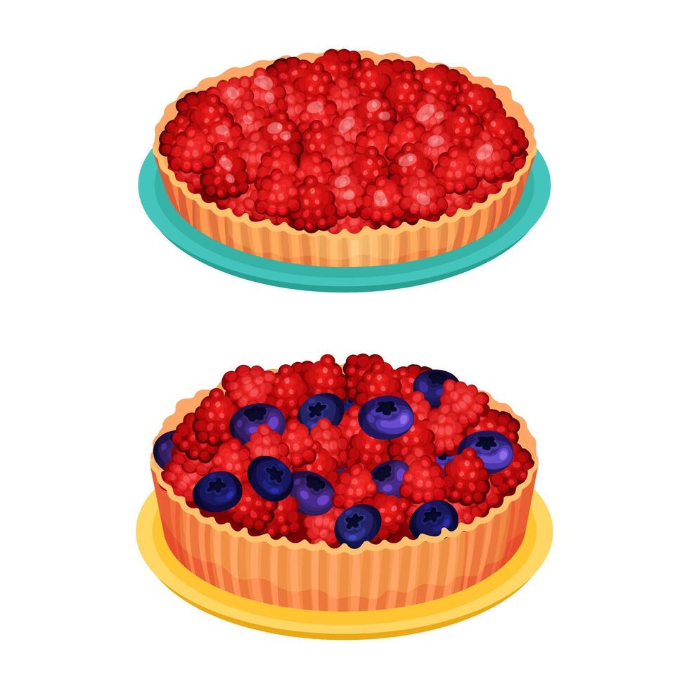 Sweet homemade pies set. Delicious tasty dessert with fresh raspberry and blueberry illustration vector