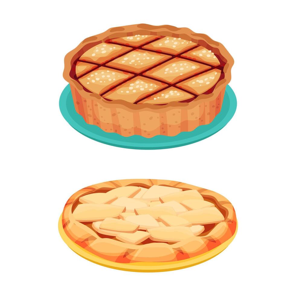 Sweet homemade fruit and berry crumble pies set. Delicious tasty dessert illustration vector