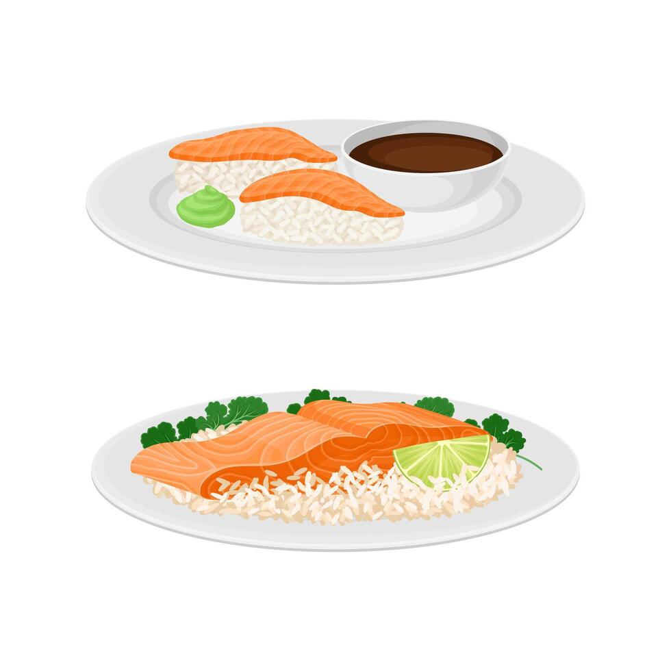Tasty seafood dishes set. Sushi and salmon fish served on plate with rice with illustration vector