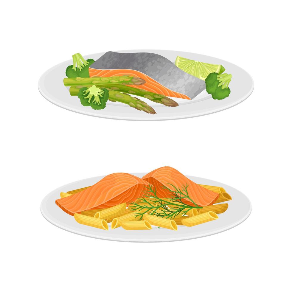 Tasty seafood dishes set. Salmon fish served on plates with vegetables and penne pasta illustration vector