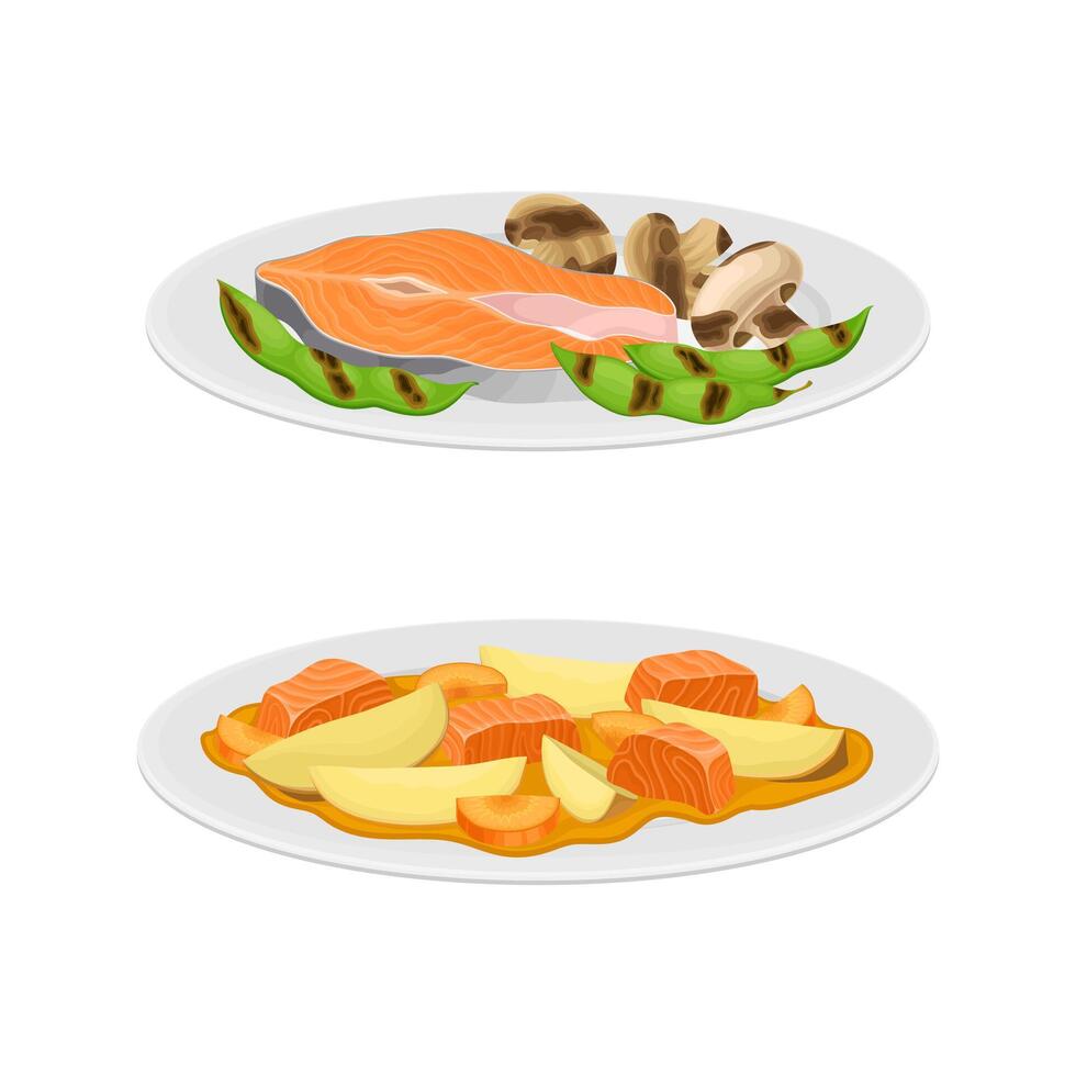 Tasty seafood dishes set. Salmon fish served on plates with mushrooms, vegetables and potato illustration vector
