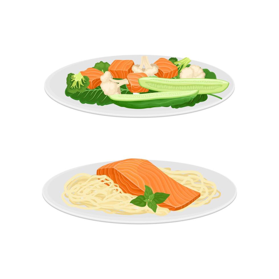 Tasty seafood dishes set. Salmon fish served on plates with vegetables and pasta illustration vector