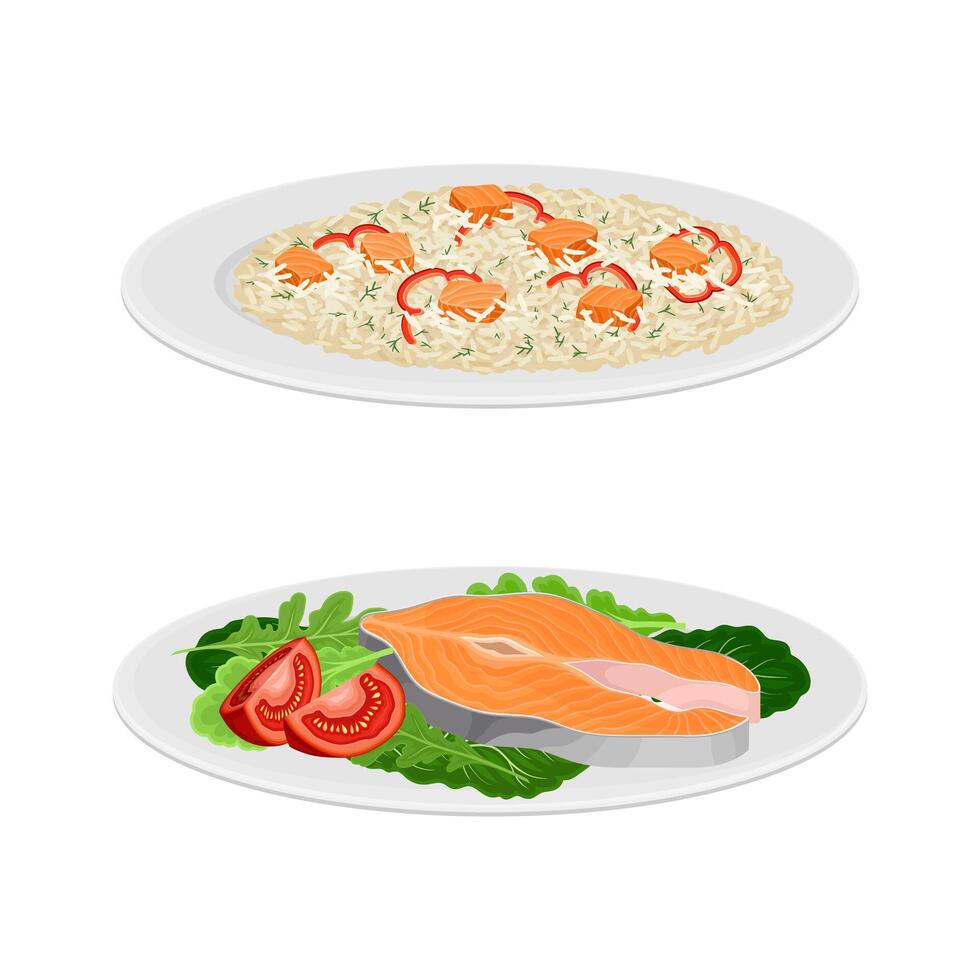 Tasty seafood dishes set. Seafood risotto and salmon fish served on plates with illustration vector