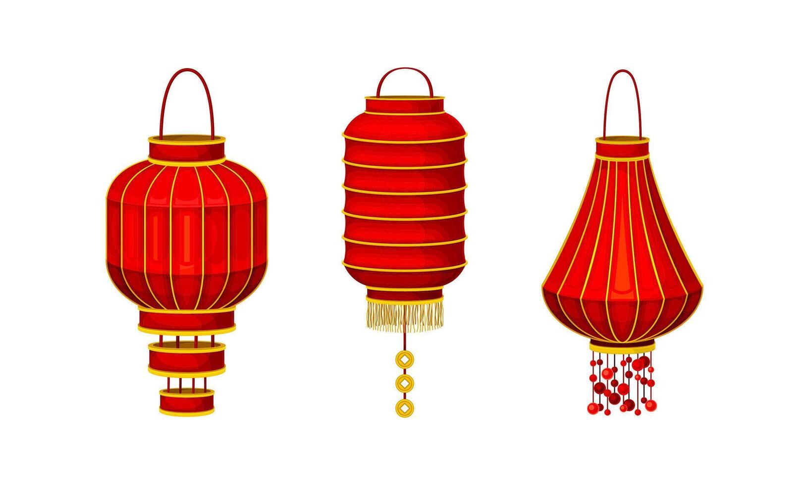 Red Chinese paper lanterns set. Traditional New Year decor element illustration vector