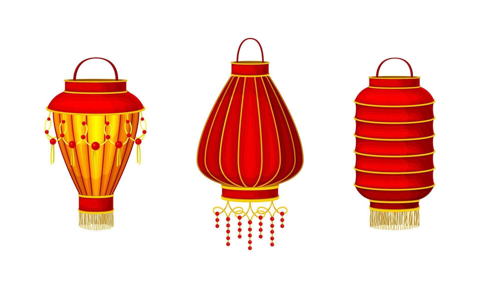 Traditional Chinese hanging paper lanterns set. Asian New Year decor element illustration vector