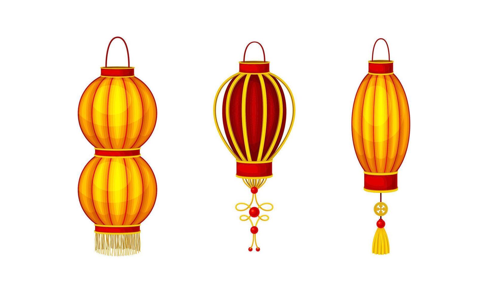 Red and golden Chinese paper lanterns set. Traditional New Year decor element illustration vector