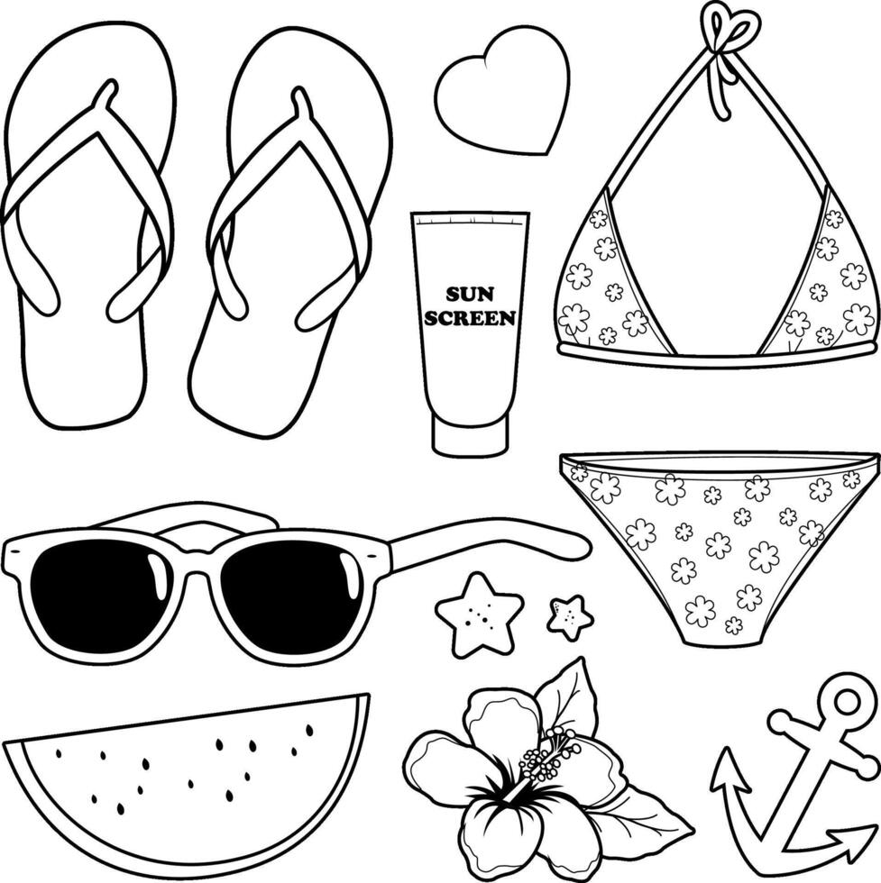 Beach summer vacation objects collection. Accessories for swimming at the island sea. Summer holidays set. Black and white coloring page vector