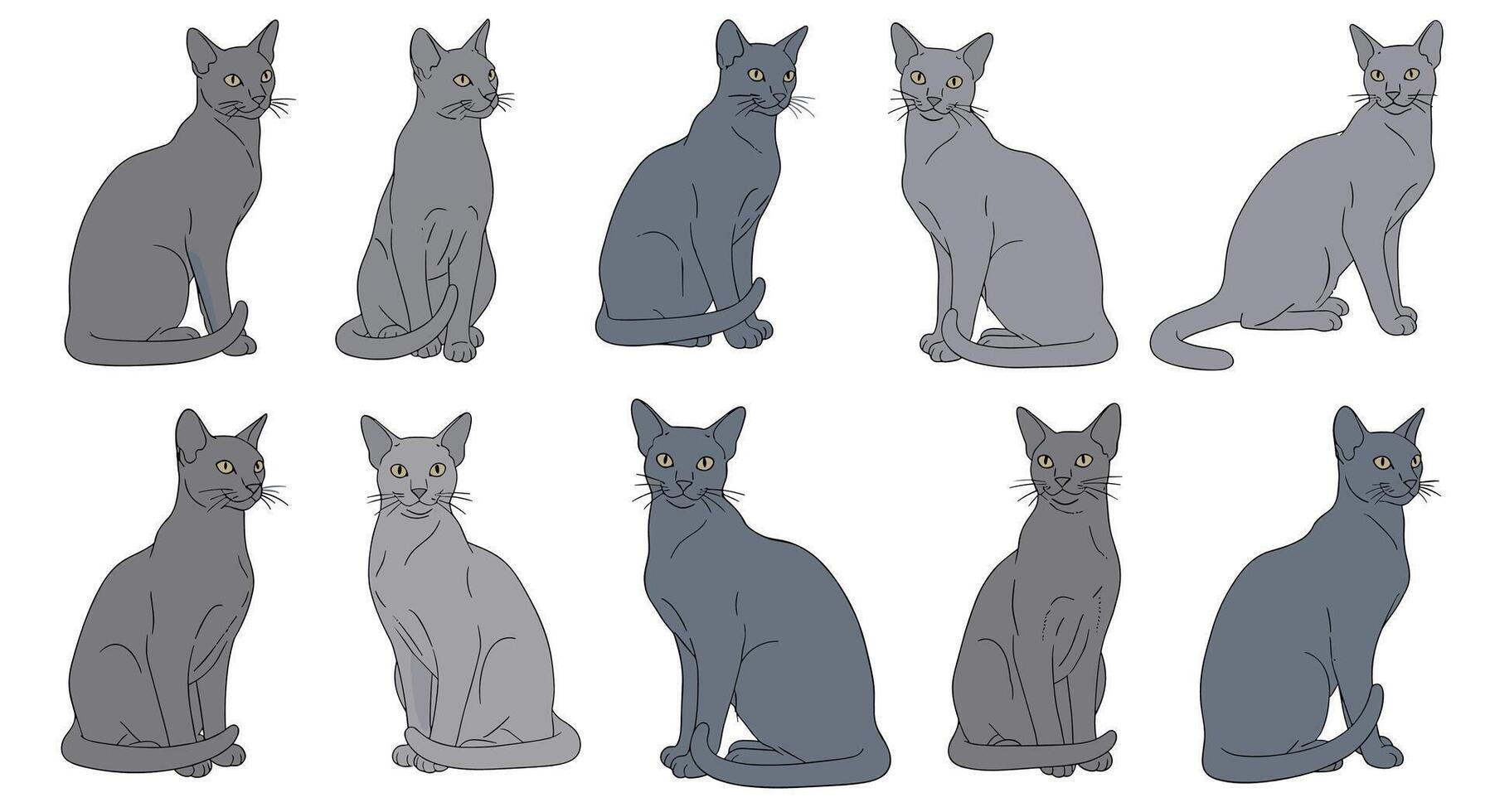 A Collection of Silhouetted Cats Sitting and Standing Calmly with Different Shades vector