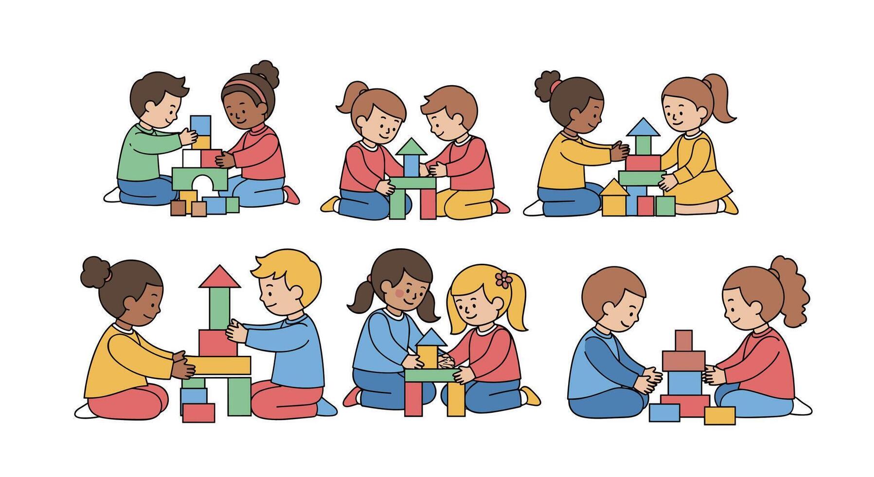 Children Building with Blocks Creating Structures Together in a Playful Learning Environment vector