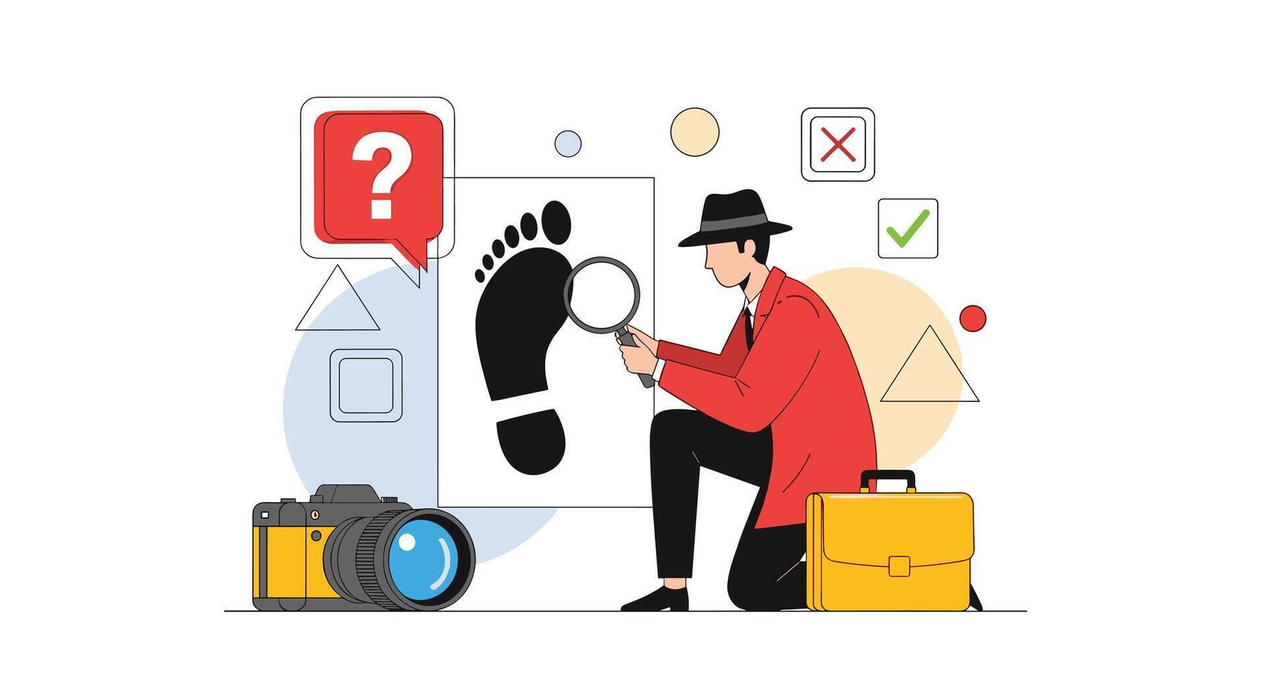 Investigating Footprints with a Detective Illustration Solving Crimes Through Forensic Analysis vector