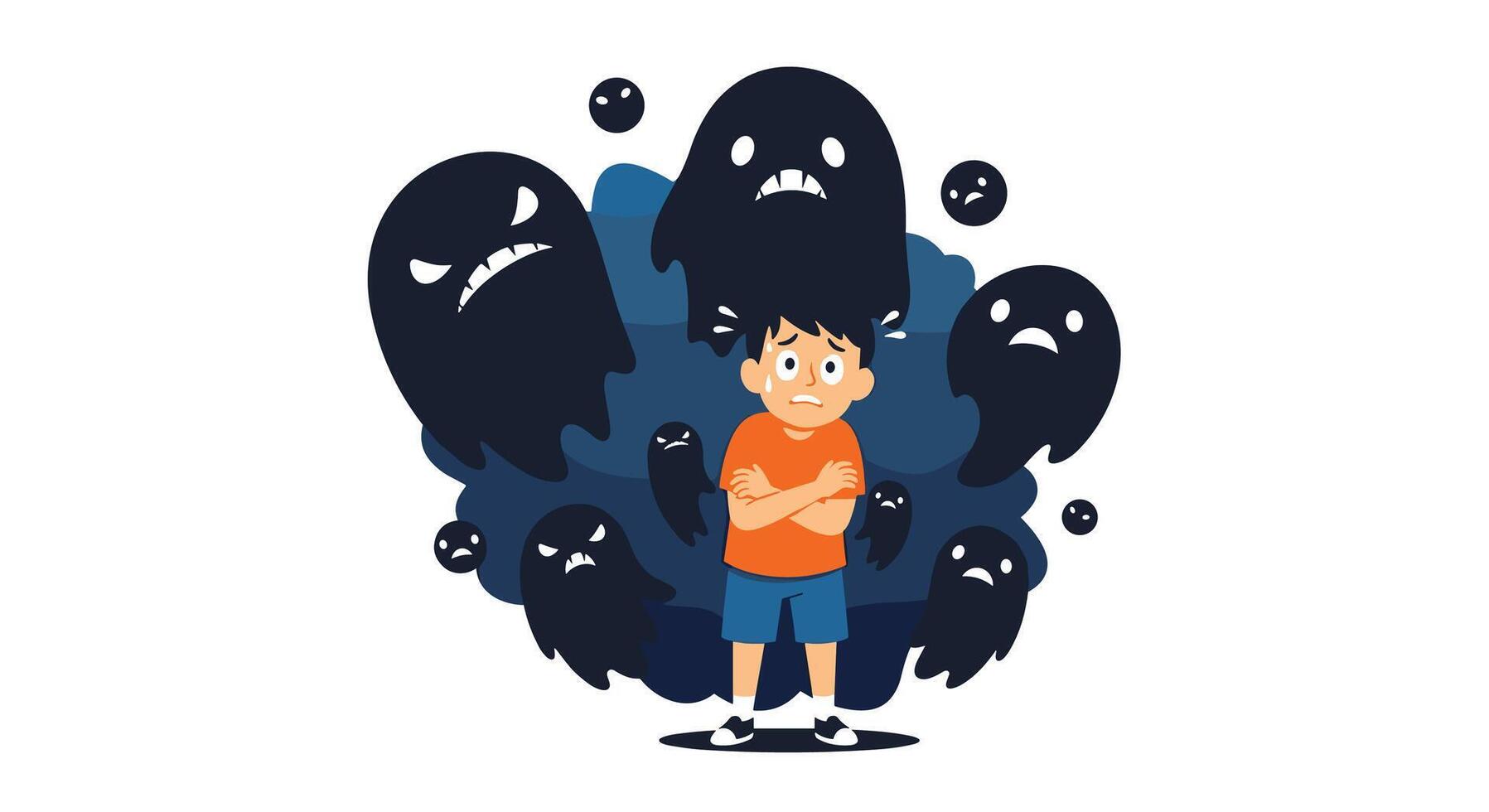 Boy Surrounded by Dark Spirits Represents Struggles With Emotional Problems and Anxiety vector