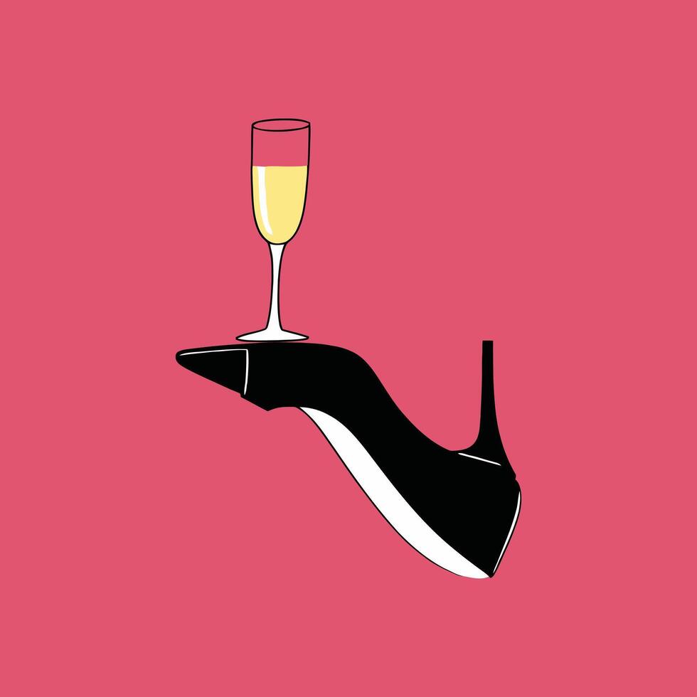 A stylish black and white line art of high heels and a champagne glass modern and minimalist fashion illustration vector