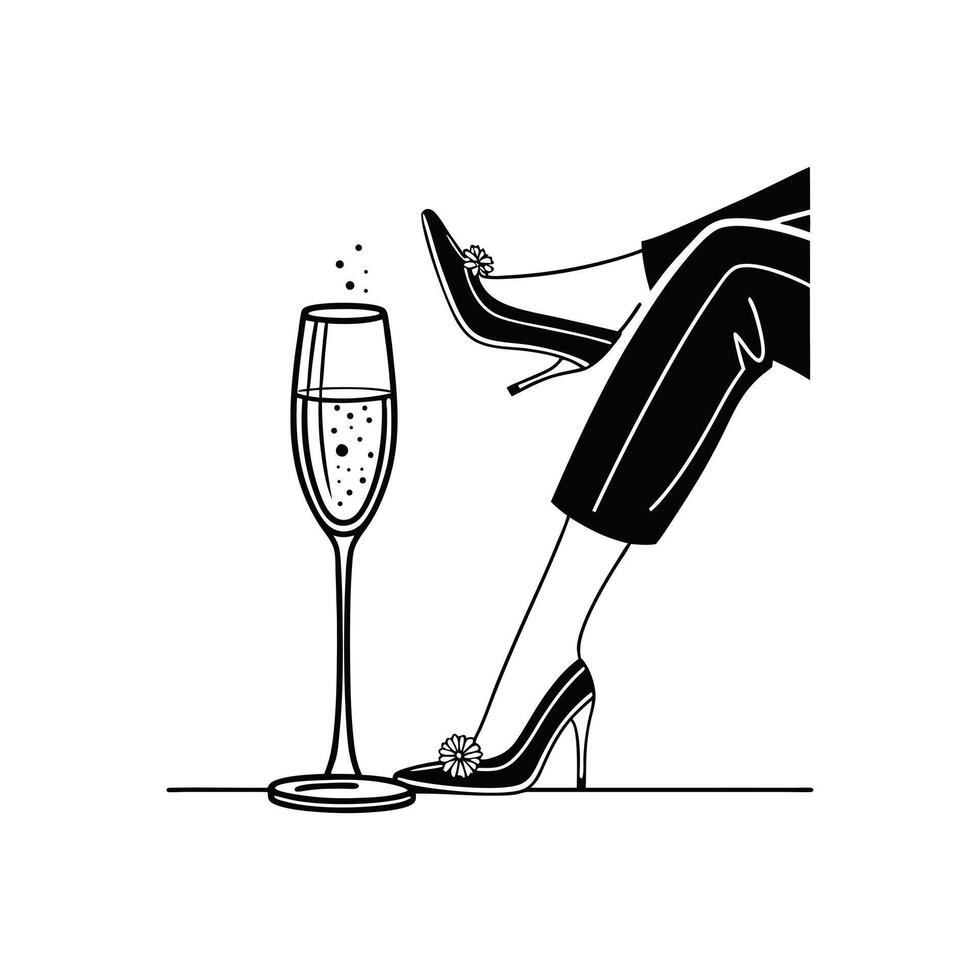 An elegant illustration of a woman in high heels relaxing with a glass of champagne a chic black and white for fashion and celebration themes vector