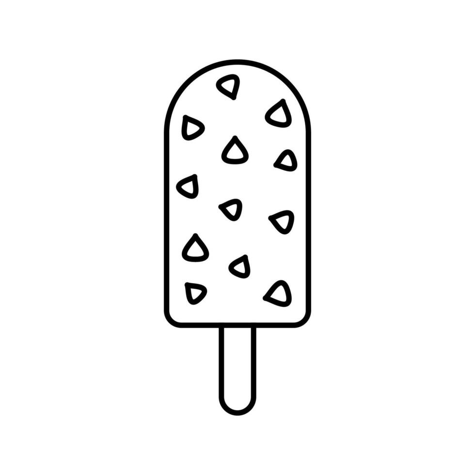 Choco Ice Cream Outline style, chocolate ice cream on a stick with choco chips, great for dessert menus and sweet treat illustrations. vector