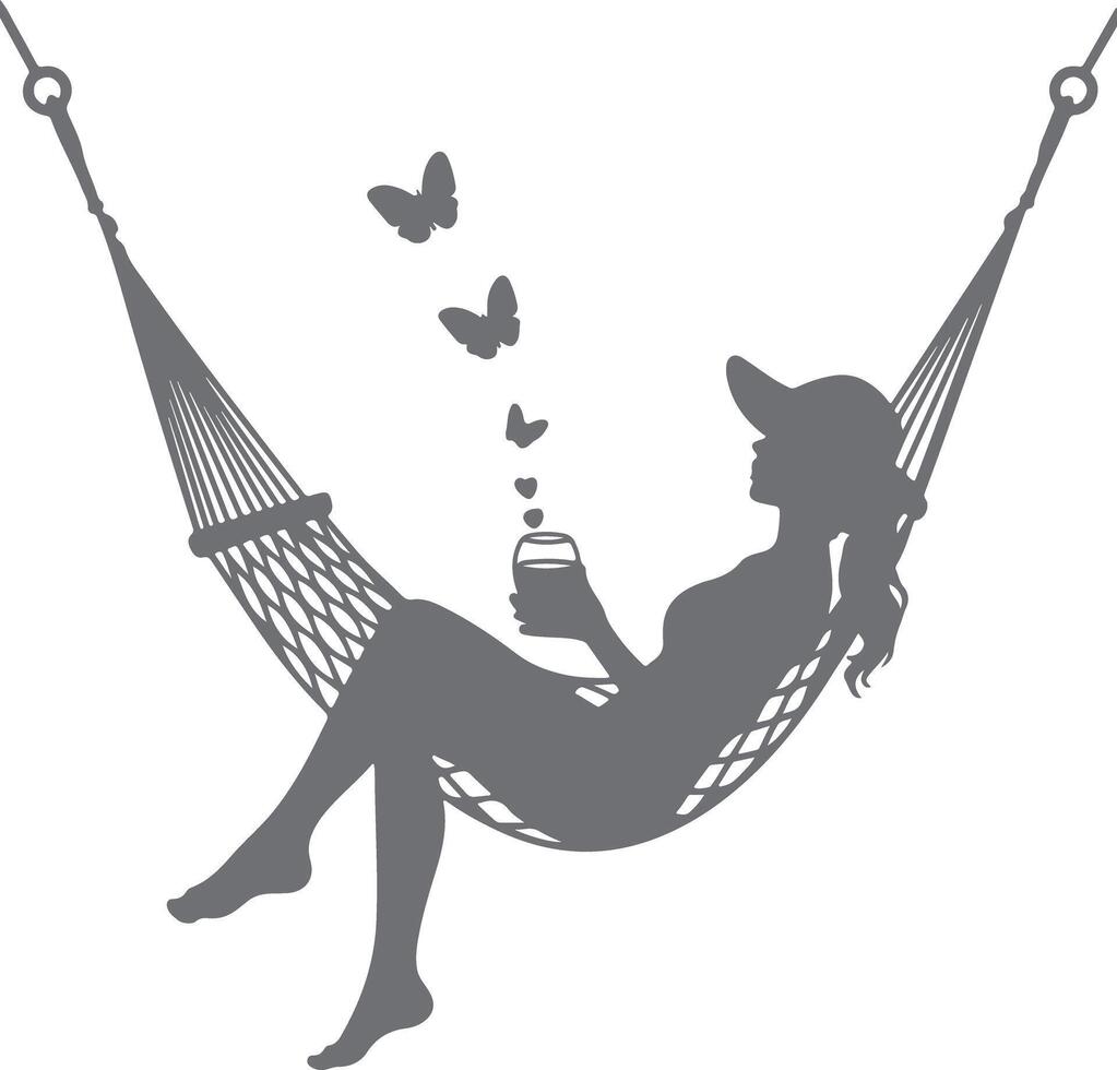 Gray Silhouette Woman Relaxing in Hammock Drinking from Glass Surrounded by Butterflies Peaceful Summer Scene vector