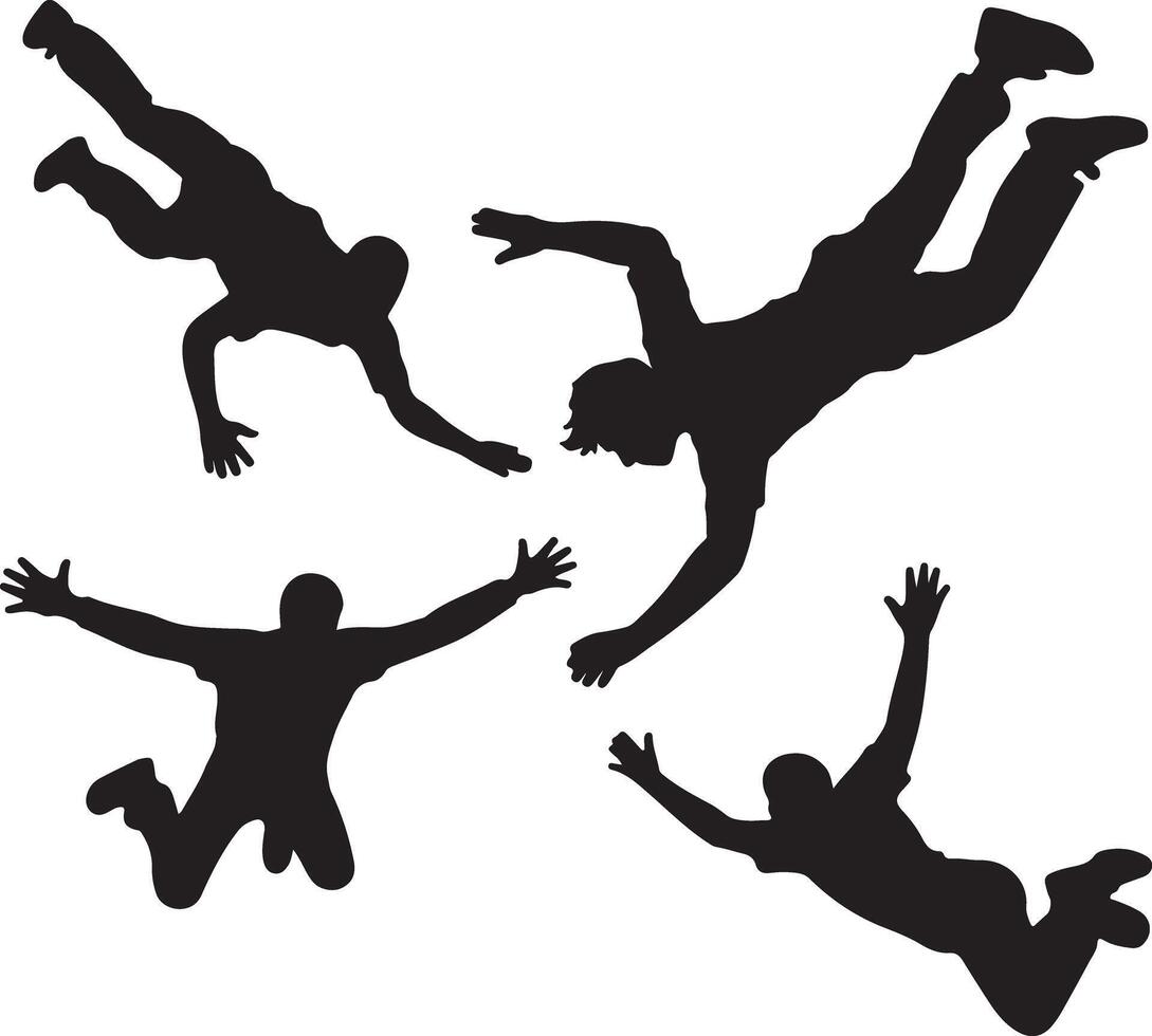 Four Black Silhouettes of People Falling Through the Air Reaching Out to Each Other in a Dramatic Pose Against a White Background vector