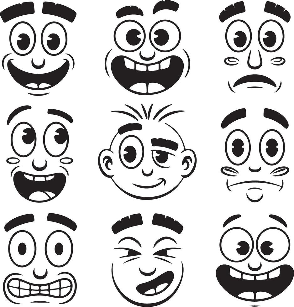 Nine Monochrome Cartoon Faces Displaying Diverse Expressions Silhouette Style Illustrations of Happy Surprised Anxious and Other Emotions vector