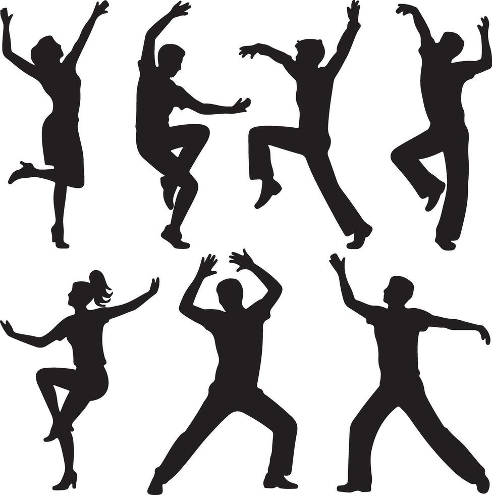 Six Black Silhouettes of People Dancing Dynamic Poses Active Movement Energetic Figures Studio Shot Isolated on White Background vector
