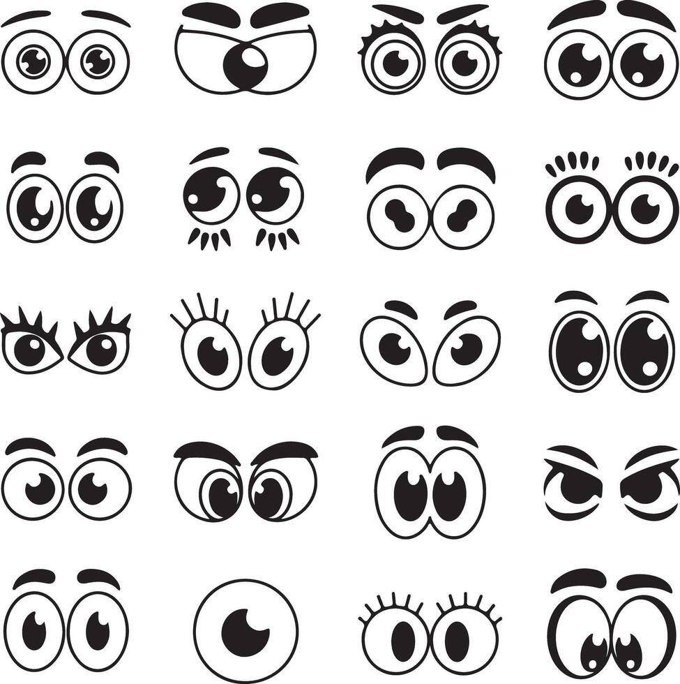 Collection of Cartoon Eyes Black and White Googly Eyes Eyebrows Various Expressions Silhouette Illustrations vector