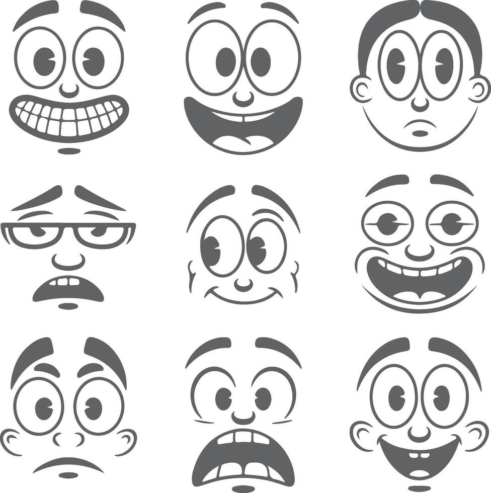 Nine Gray Scale Cartoon Face Silhouettes Displaying Diverse Expressions Including Happy Surprised Anxious and Sad Emotions Simple Line Art Style vector