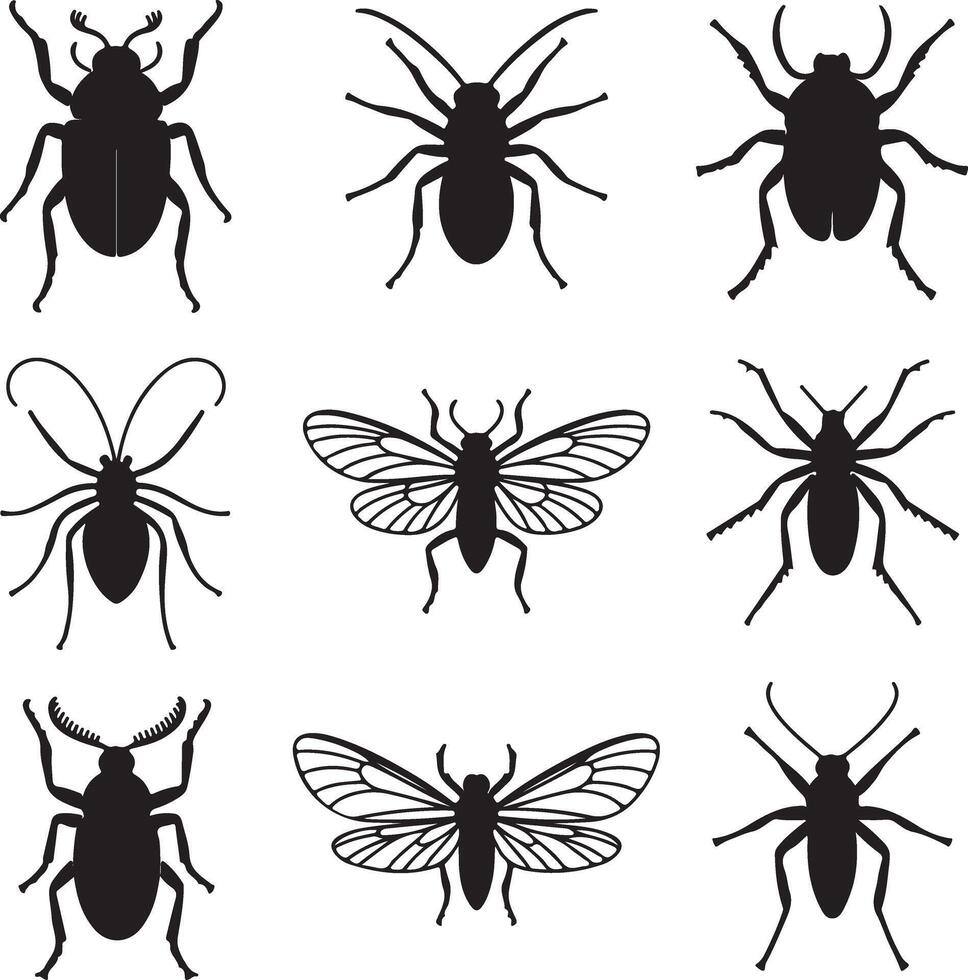 Nine Black Insect Silhouettes Collection Diverse Beetle Bug Graphic Design Elements Set vector