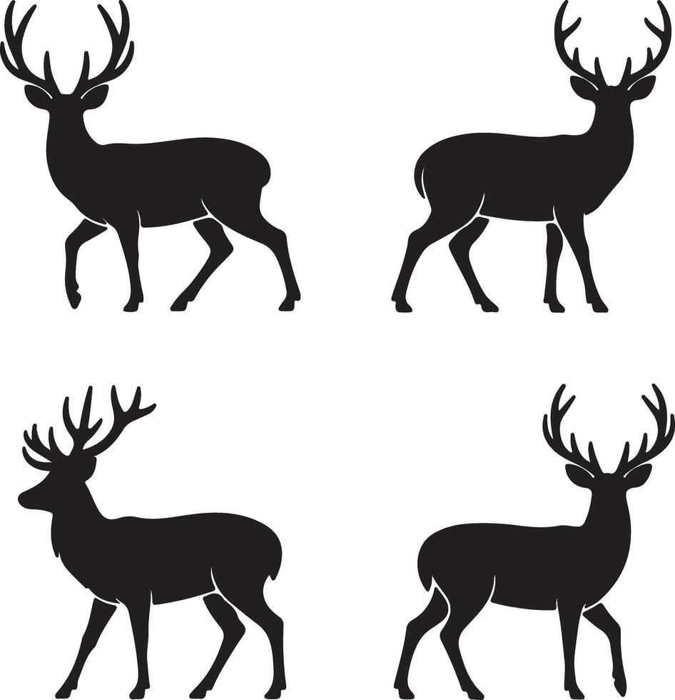Four Black Silhouette Deer Stag Buck Antler Animal Wildlife Set Graphic Design Illustration vector