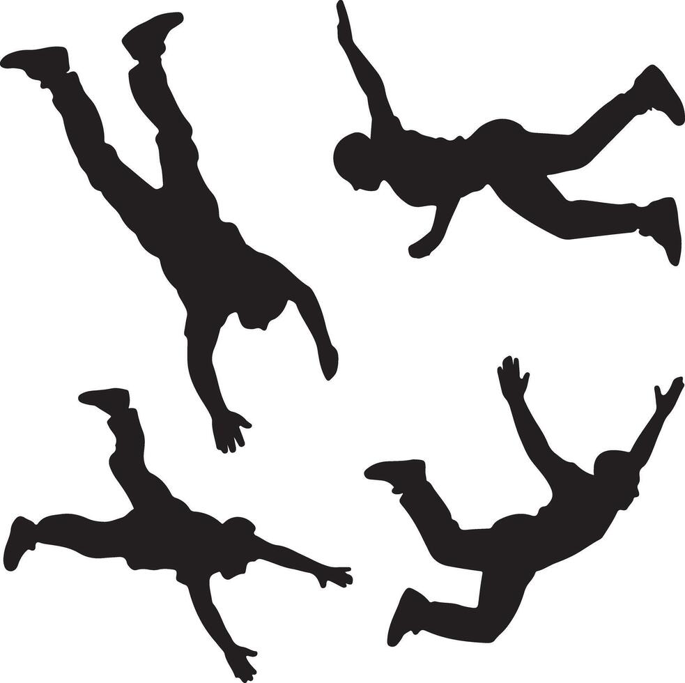 Four Black Silhouettes of People Falling or Skydiving in Various Poses Against a White Background Dynamic Action Poses Silhouette Illustration vector