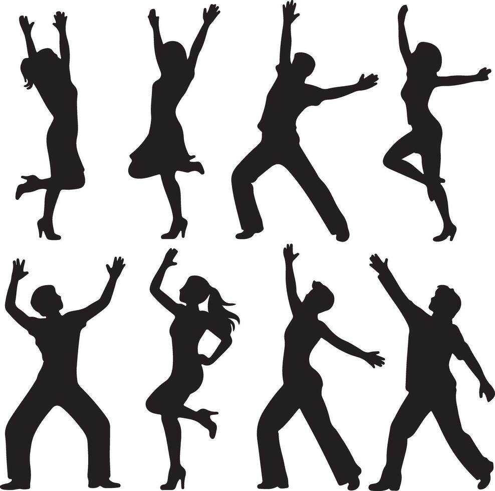 Six Black Silhouettes of People Dancing Joyfully Arms Raised High Energetic Poses White Background Silhouette Collection vector