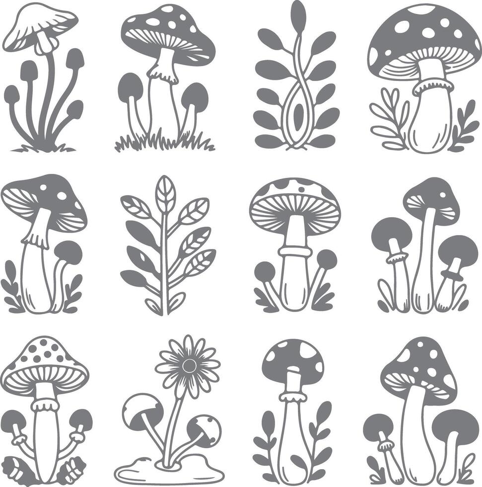 Twelve Gray Scale Mushroom and Floral Illustrations Botanical Line Art Drawings Set Silhouette Fungi Nature Design Elements vector