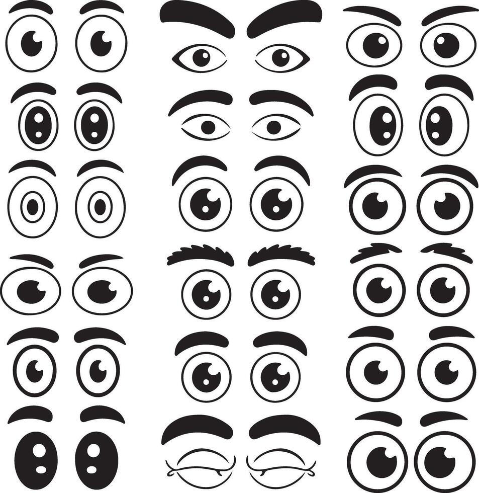 Collection of Cartoon Eyes and Eyebrows Black and White Silhouette Illustrations Various Expressions Set of Different Styles for Animation Design vector