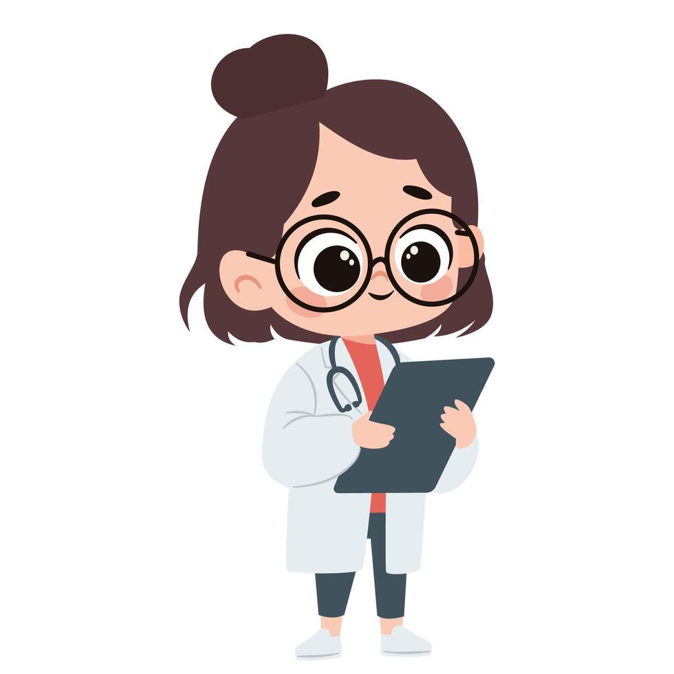 Cute little girl in doctor costume holding a tablet. Flat illustration in simple child style on white background vector