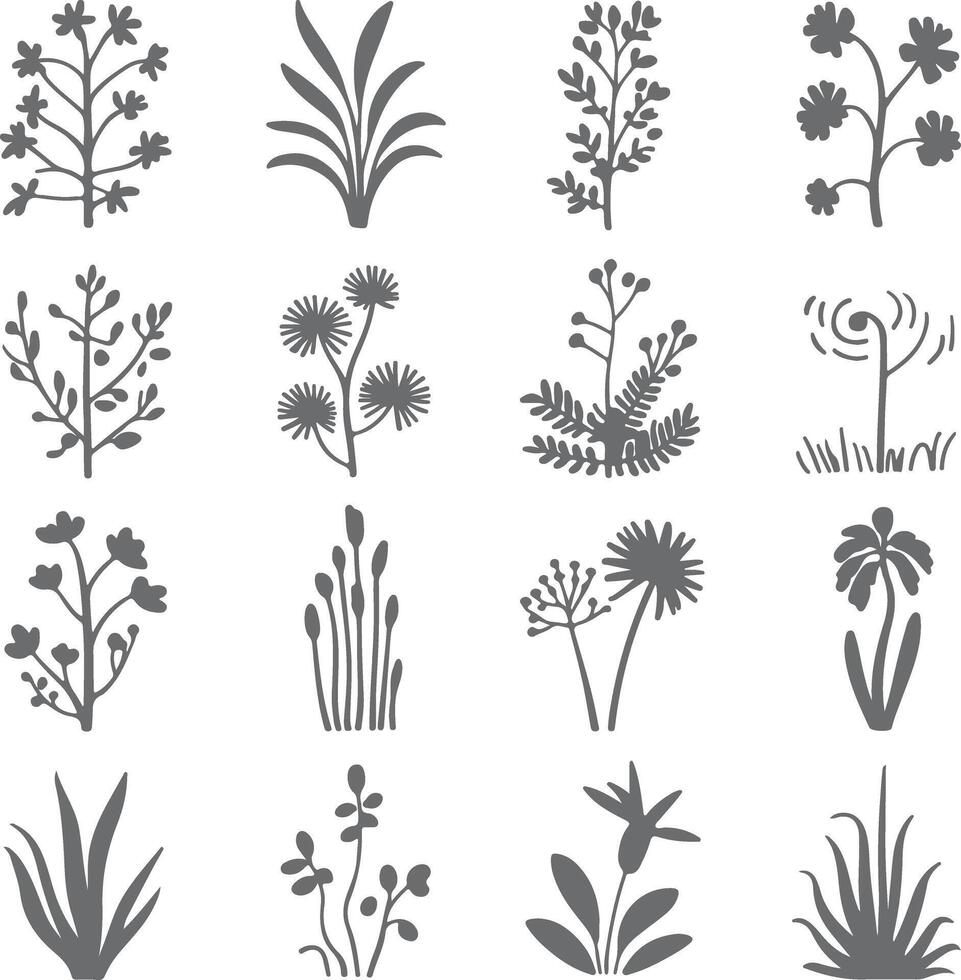 Sixteen Gray Silhouette Botanical Illustrations Various Flowers Plants Greenery Set Simple Minimalist Style Floral Design Elements vector