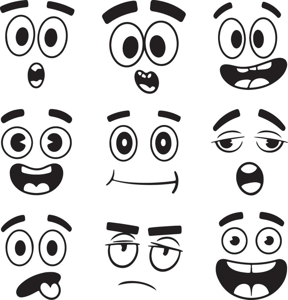 Nine Black and White Cartoon Face Silhouettes Displaying Diverse Expressions Including Surprise Shock Happiness and Sadness vector