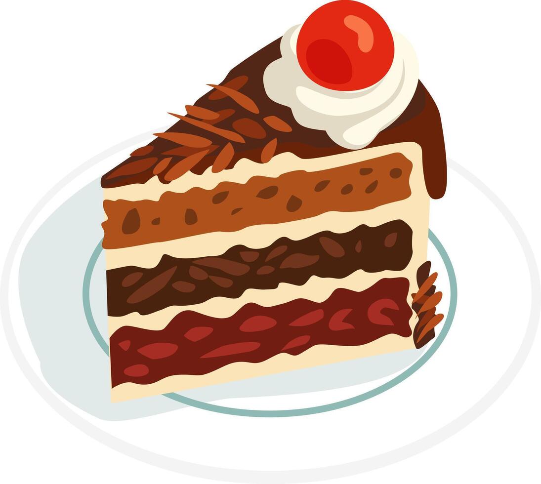 A slice black forest cake with topping cherry vector