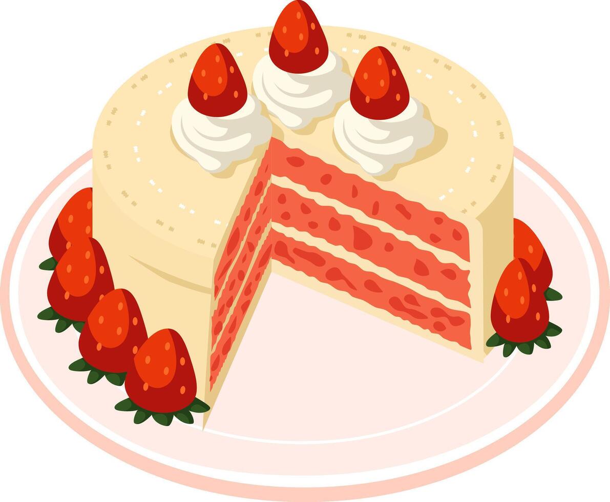 cake slice with very sweet red strawberry topping vector