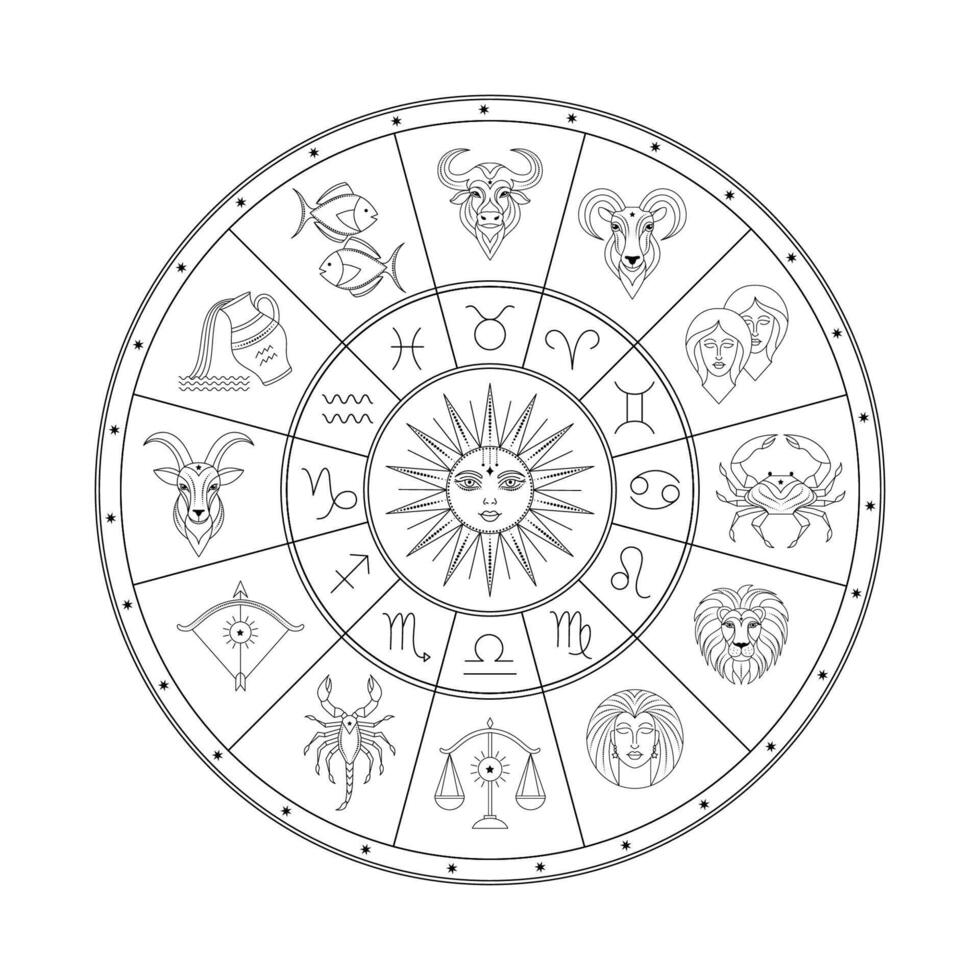 Astrological zodiac circle in line art style with all twelve astrological signs and central sun symbol. vector