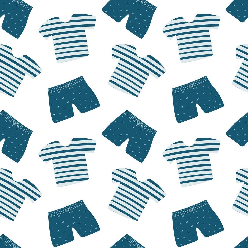Seamless pattern featuring playful striped shirts and shorts on a clean white background. vector