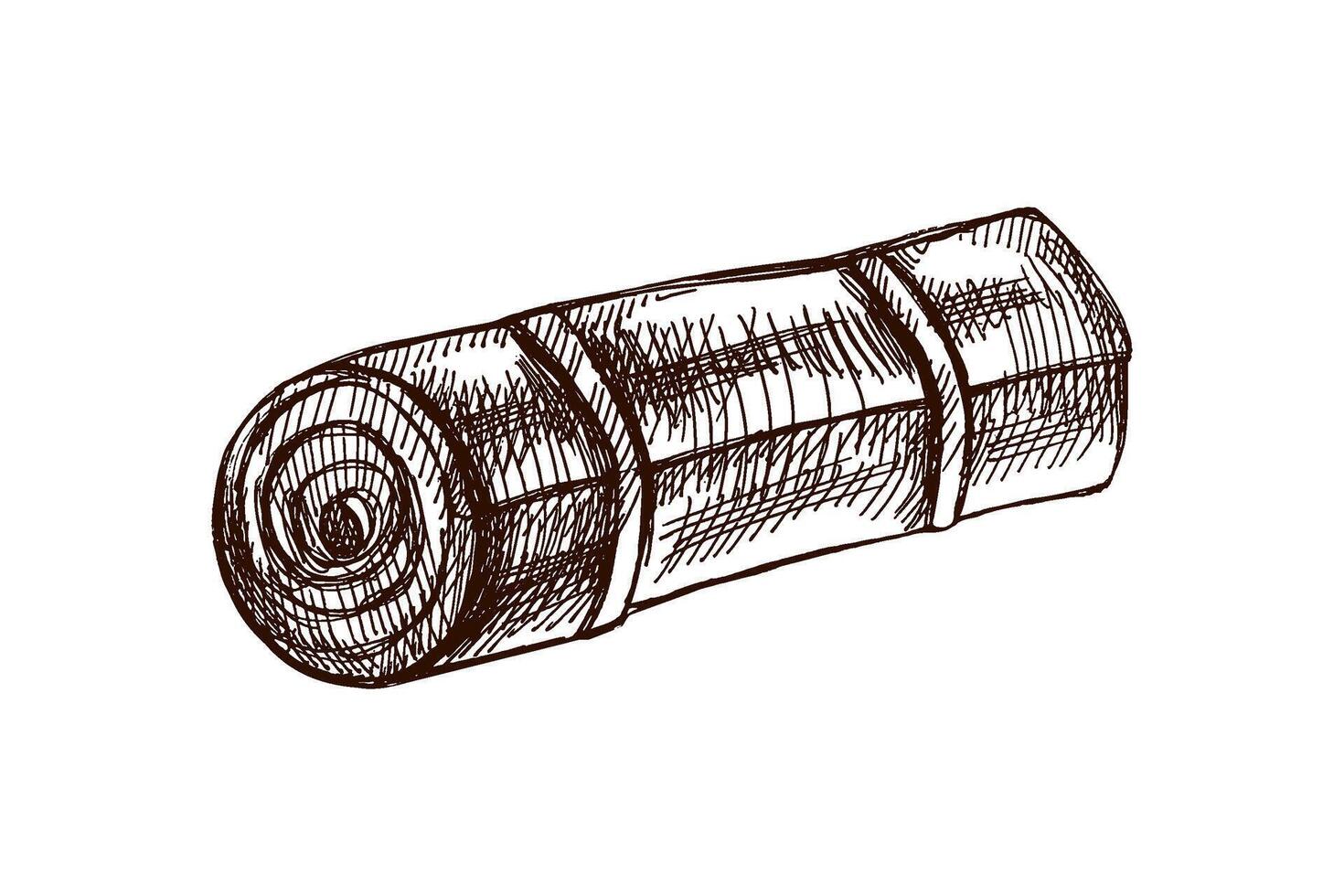 Hand drawn vintage sketch of rolled sleeping mat or camping foam pad in monochrome, isolated illustration vector