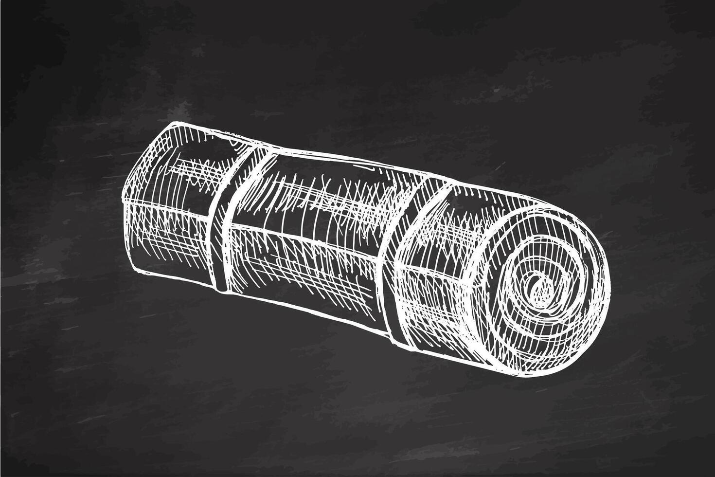 Hand drawn vintage sketch of camping sleeping mat or travel roll pad in chalk style on chalkboard background vector